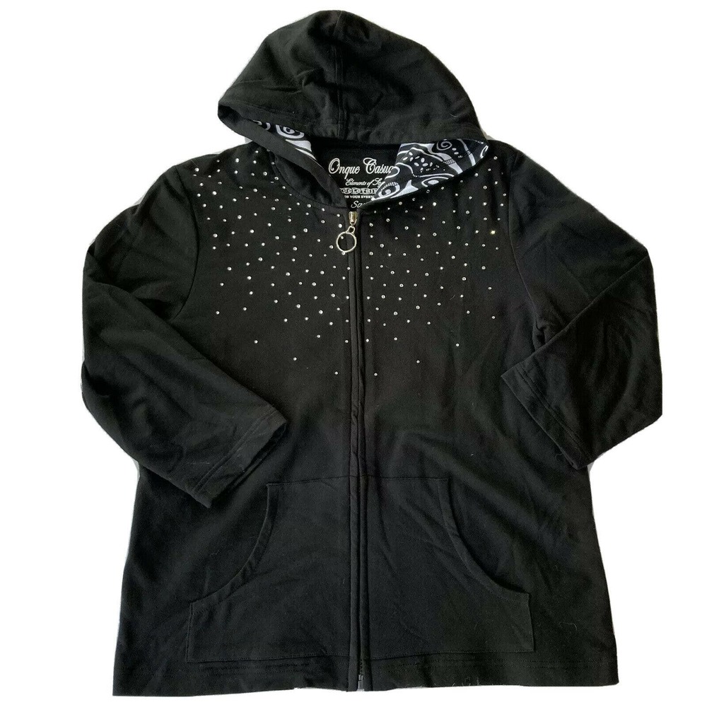 Onque Casuals Jacket Sz M Black Zip Up Rhinestone 3/4 Sleeve Hooded Embellished